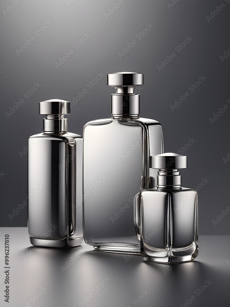 A metallic silver perfume bottle set on a gradient background from dark gray to light silver, with minimalist design elements
A metallic silver perfume bottle set on a gradient background from dark gray to light silver, with minimalist design elements