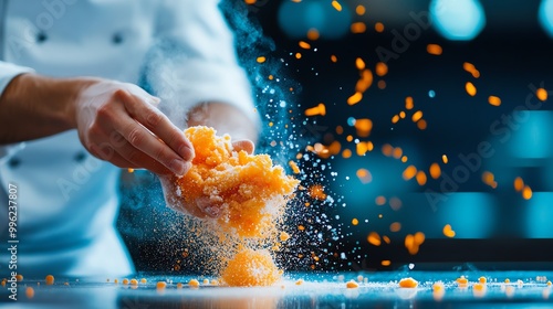 A chef using liquid nitrogen to create instant sorbet tableside photo