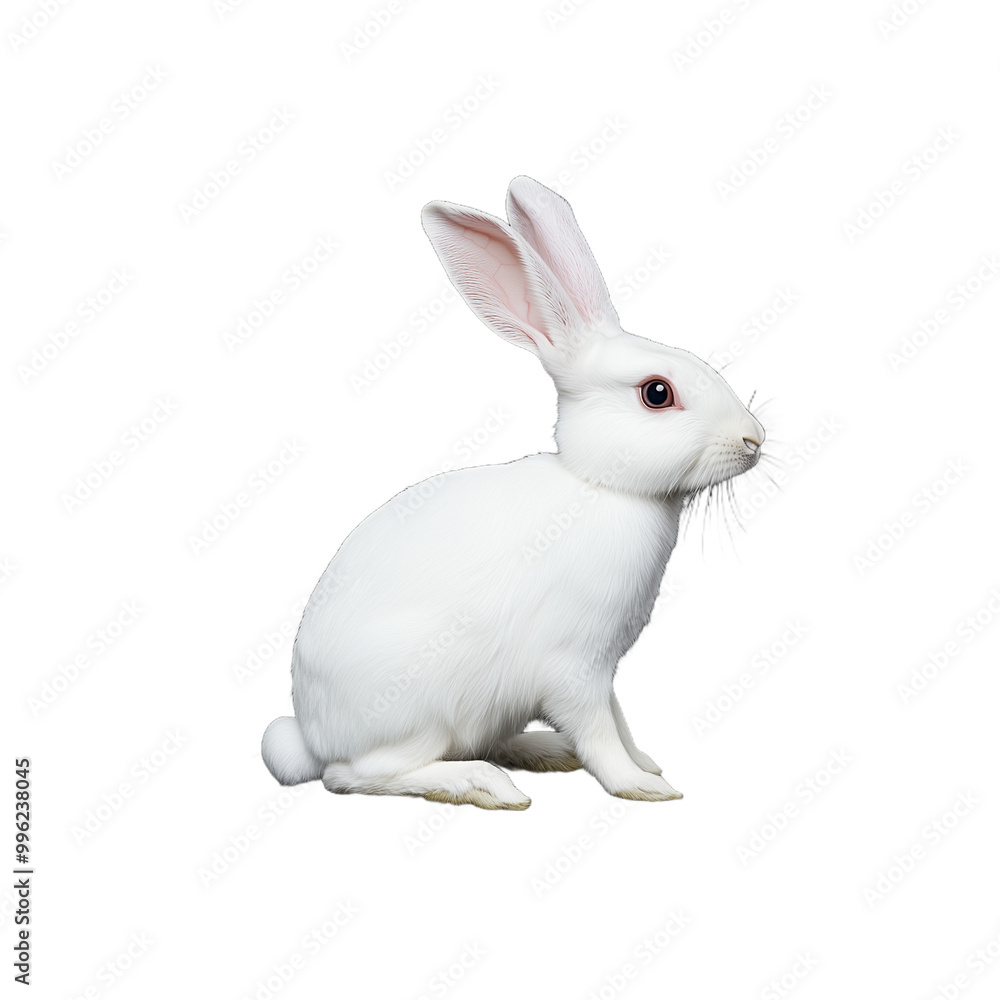 White rabbit with upright ears sitting on transparent background, showcasing adorable pet characteristics and soft fur texture White rabbit with upright ears sitting on transparent background, showcasing adorable pet characteristics and soft fur texture