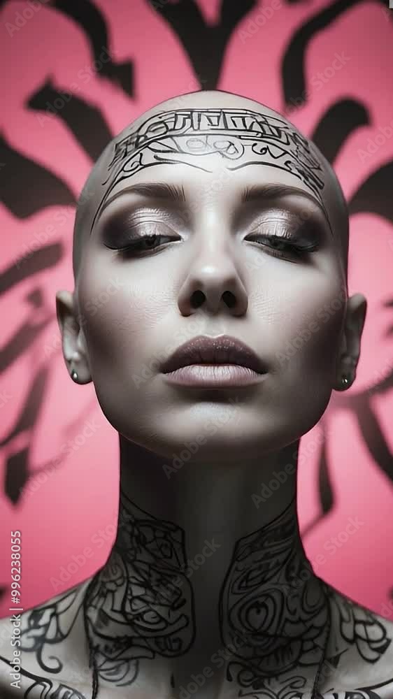 Portrait of a bald woman in pink and black colors on a calligraphic style background Portrait of a bald woman in pink and black colors on a calligraphic style background