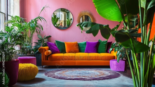 Wallpaper Mural A vibrant living room featuring a colorful sofa and large potted plants, creating a fresh, lively atmosphere. Torontodigital.ca
