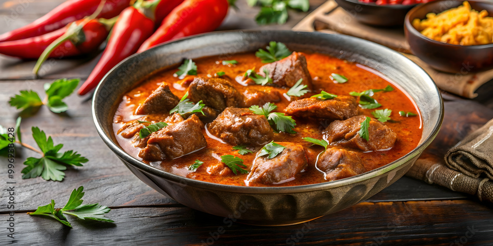 Delicious beef curry in bowl with red sauce and herbs on background, beef curry, red sauce, herbs, spices Delicious beef curry in bowl with red sauce and herbs on background, beef curry, red sauce, herbs, spices