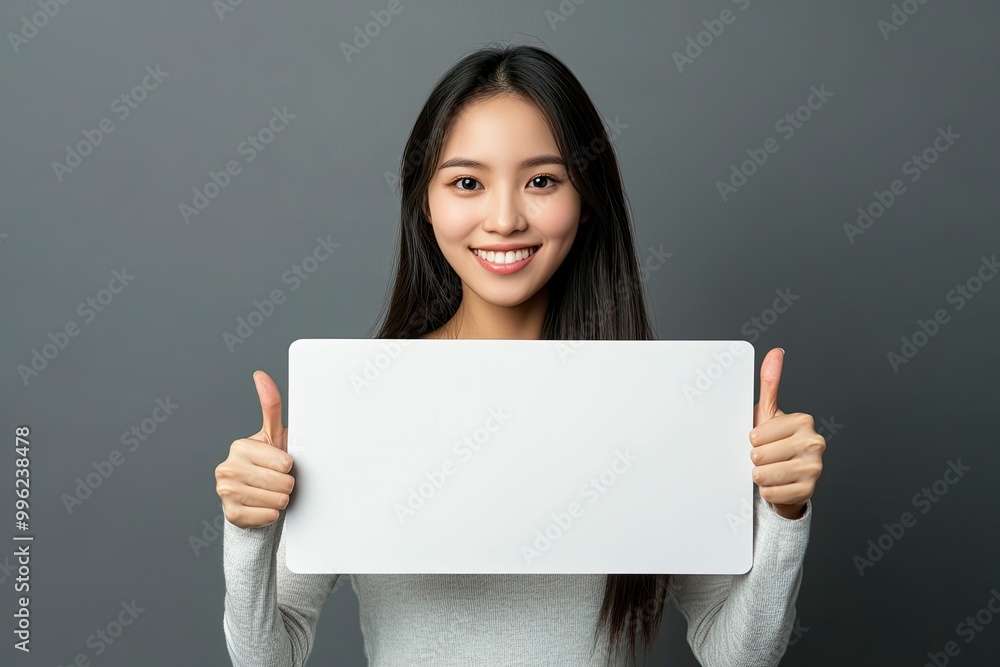 Young Asian woman show thumbs up with white blank sign on gray background with generative ai Young Asian woman show thumbs up with white blank sign on gray background with generative ai