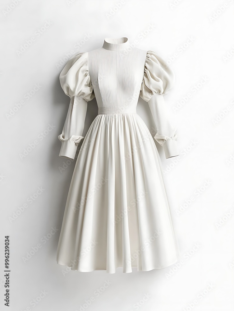 Naklejka premium Elegant White Dress with Puff Sleeves and Pleated Bodice.