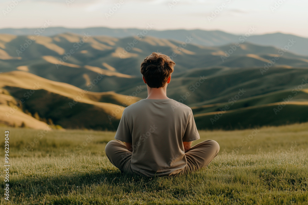 A man is sitting on a grassy hill, looking out at the mountains A man is sitting on a grassy hill, looking out at the mountains