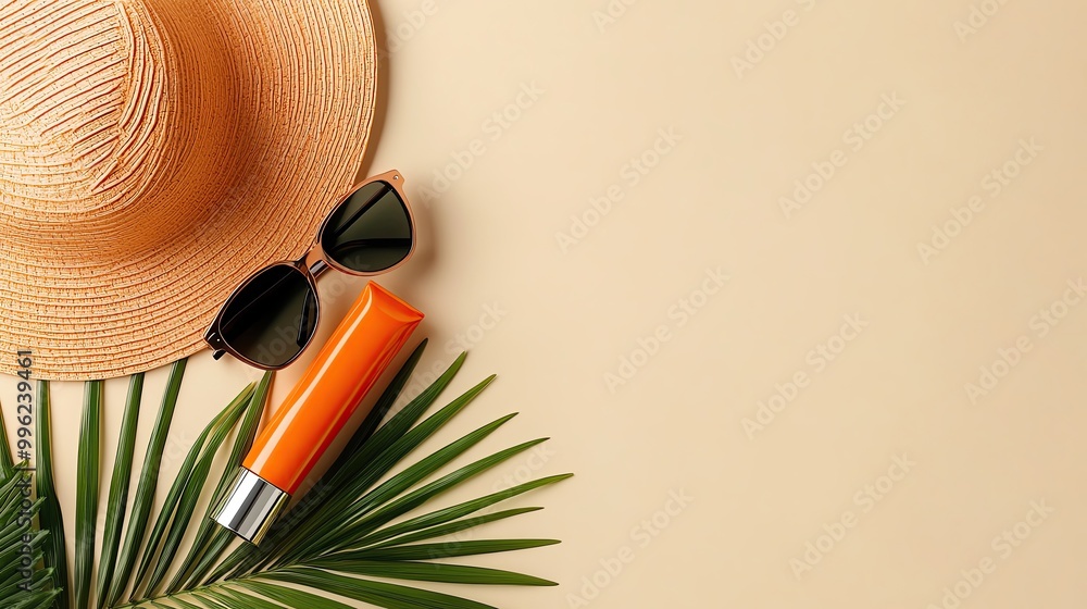 Stylish summer accessories featuring a straw hat, sunglasses, sunscreen, and tropical leaves on a sandy surface. Stylish summer accessories featuring a straw hat, sunglasses, sunscreen, and tropical leaves on a sandy surface.