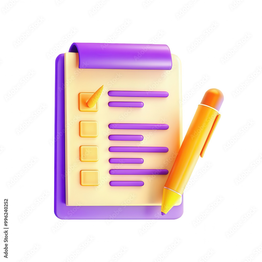 A vibrant 3D checklist icon featuring a pen and checkboxes, symbolizing organization and productivity. Ideal for task management visuals. A vibrant 3D checklist icon featuring a pen and checkboxes, symbolizing organization and productivity. Ideal for task management visuals.
