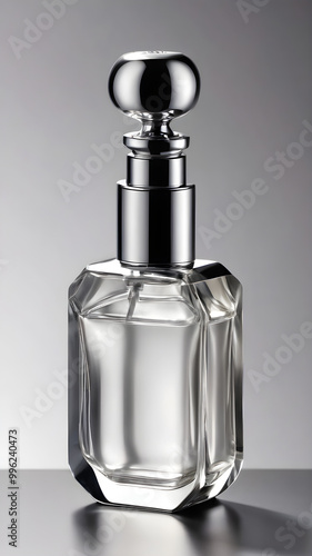 A metallic silver perfume bottle set on a gradient background from dark gray to light silver, with minimalist design elements 