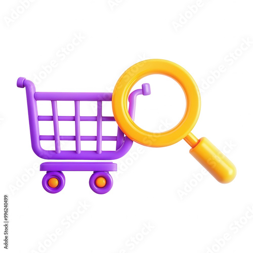 A vibrant 3D illustration showing a purple shopping cart with an orange magnifying glass, symbolizing online shopping and product search. Ideal for e-commerce contexts. photo