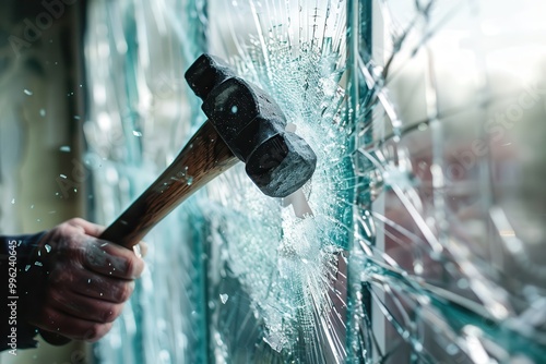 Man is breaking safety glass with hammer vandalism and burglary focus on hand photo