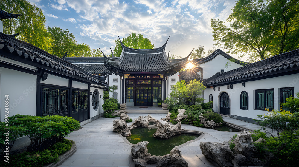 Ancient stone temple with traditional architecture and lush garden, nestled in a serene Asian village Ancient stone temple with traditional architecture and lush garden, nestled in a serene Asian village