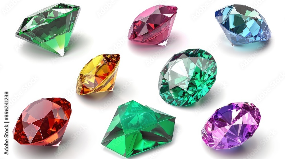 Fototapeta premium Gems Precious. Brilliant Diamond and Emerald Gem Stones Collection Set