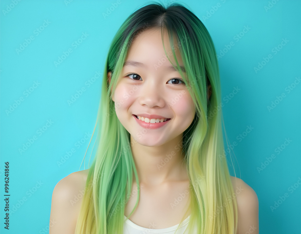 A young asian girl with long green and yellow dyed hair, smiling at the camera against a teal background A young asian girl with long green and yellow dyed hair, smiling at the camera against a teal background