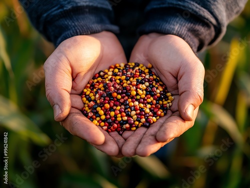 A farmer holding an unusually colored heirloom corn variety with multicolored kernels photo