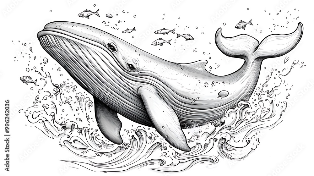 Whale Breaching Ocean Waves Black and White Illustration Whale Breaching Ocean Waves Black and White Illustration