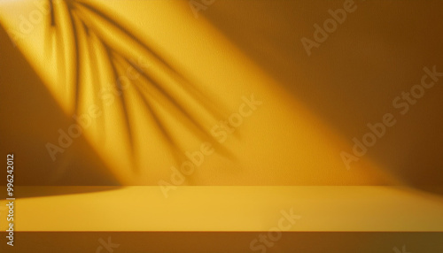 Abstract yellow color gradient studio background for product presentation. Empty room with shadows of window and flowers and palm leaves . 3d room with copy space. Summer concert. Blurred backdrop