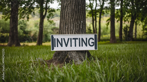 Wallpaper Mural A white sign with black text saying "INVITING" leaning against a tree trunk in a green grassy field. 
Summertime invitation. 
 Torontodigital.ca