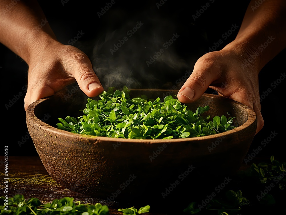 A forager carefully harvesting wild watercress from a clear stream A forager carefully harvesting wild watercress from a clear stream