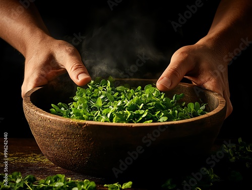 A forager carefully harvesting wild watercress from a clear stream photo