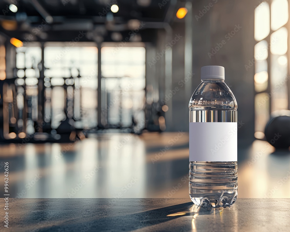 Mockup of Blank Water Bottle in Modern Gym Setting Mockup of Blank Water Bottle in Modern Gym Setting