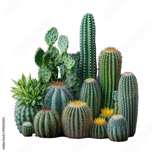 Vibrant collection of various cacti and succulents displaying diverse shapes on a transparent background