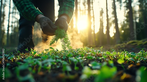 A forager carefully harvesting wild fiddlehead ferns in a spring forest photo