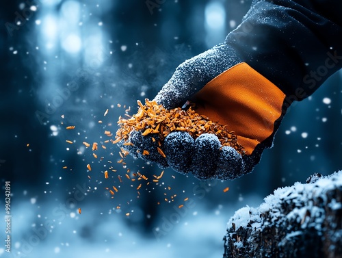 A forager carefully harvesting chaga mushroom from a birch tree in a snowy forest photo