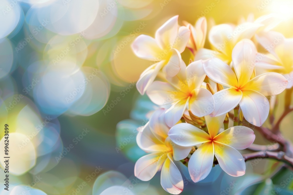 Plumeria flower bouquet on tree branch in blurred morning background white and yellow petals are blooming beauty in garden park Plumeria flower bouquet on tree branch in blurred morning background white and yellow petals are blooming beauty in garden park