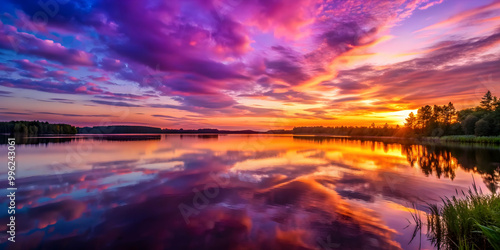 Beautiful purple sunset over a calm lake reflecting the vibrant colors of the sky, lila, sonneuntergang, sunset, purple, lake