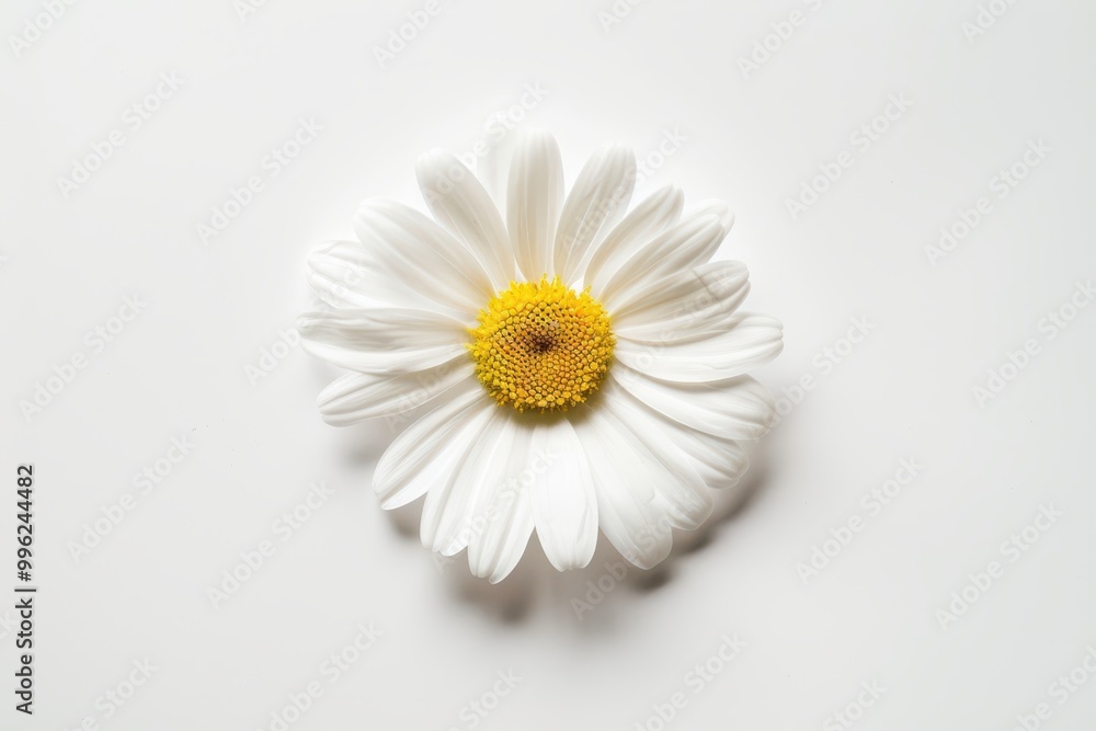 Single white daisy on white background flat lay top view Single white daisy on white background flat lay top view