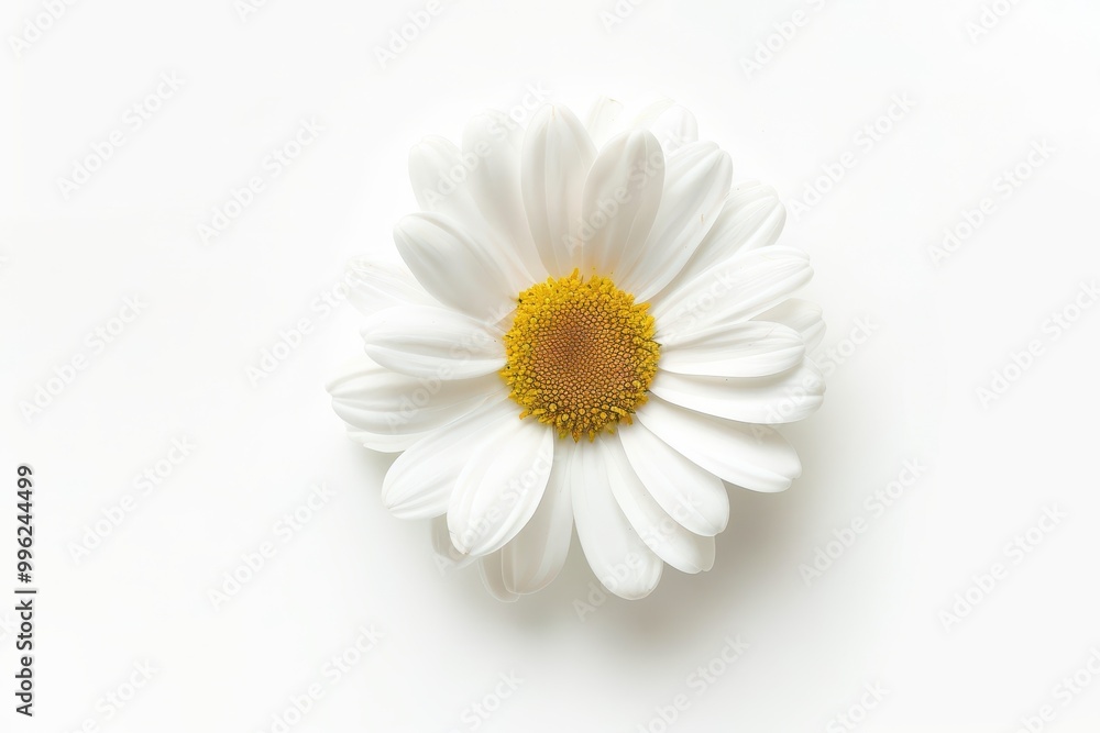 Single white daisy on white background Top view Single white daisy on white background Top view