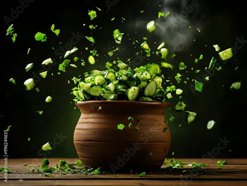 A large ceramic crock of traditional Polish ogorki kiszone fermented cucumbers being opened photo