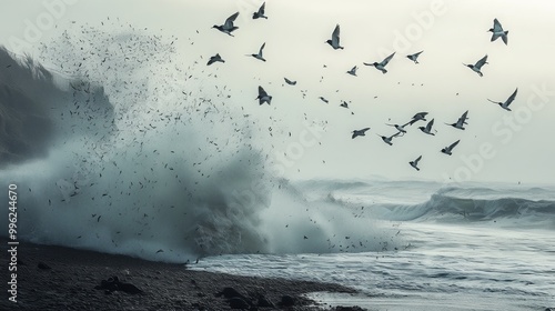 Migrating birds flying over a coastal landscape, with waves crashing against the shore in the background