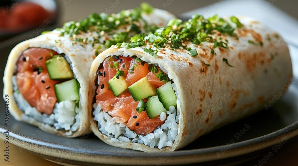 Two sushi burritos with salmon, avocado, cucumber, and rice on a gray plate. Two sushi burritos with salmon, avocado, cucumber, and rice on a gray plate.