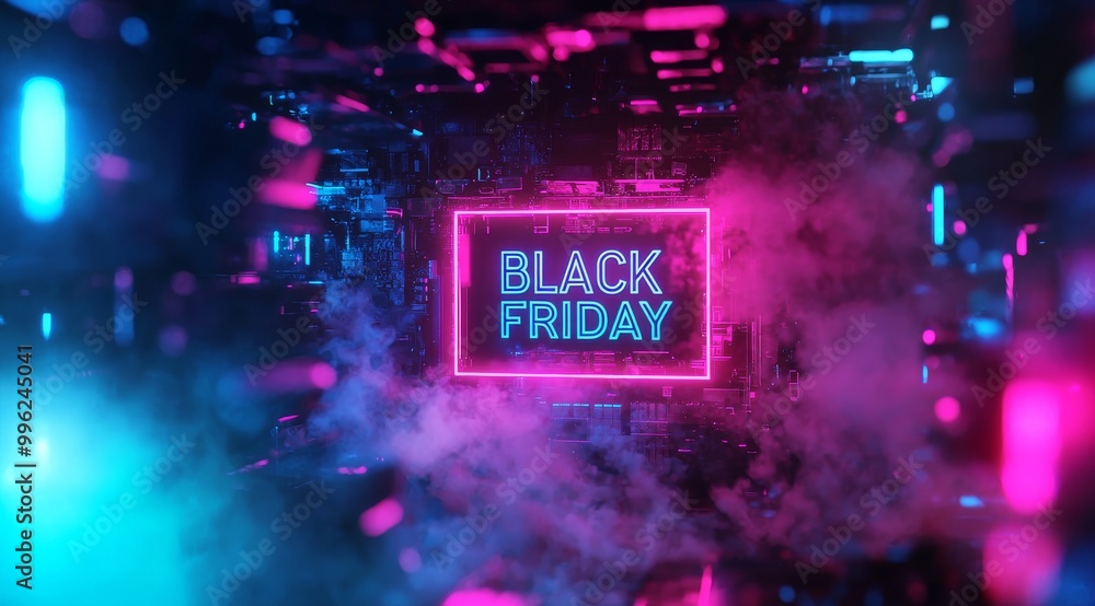 Black Friday Neon Sign with Glowing Pink and Blue Lights in a Smoky Background for Sales Promotion Black Friday Neon Sign with Glowing Pink and Blue Lights in a Smoky Background for Sales Promotion