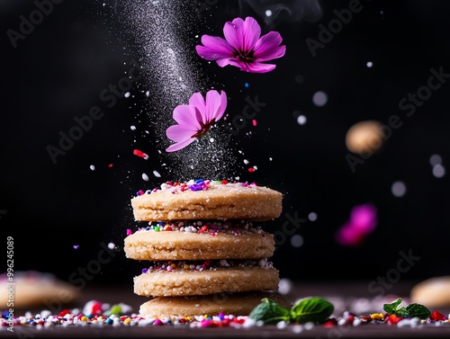 A macro shot of a pansytopped shortbread cookie, focusing on the delicate flower veins photo