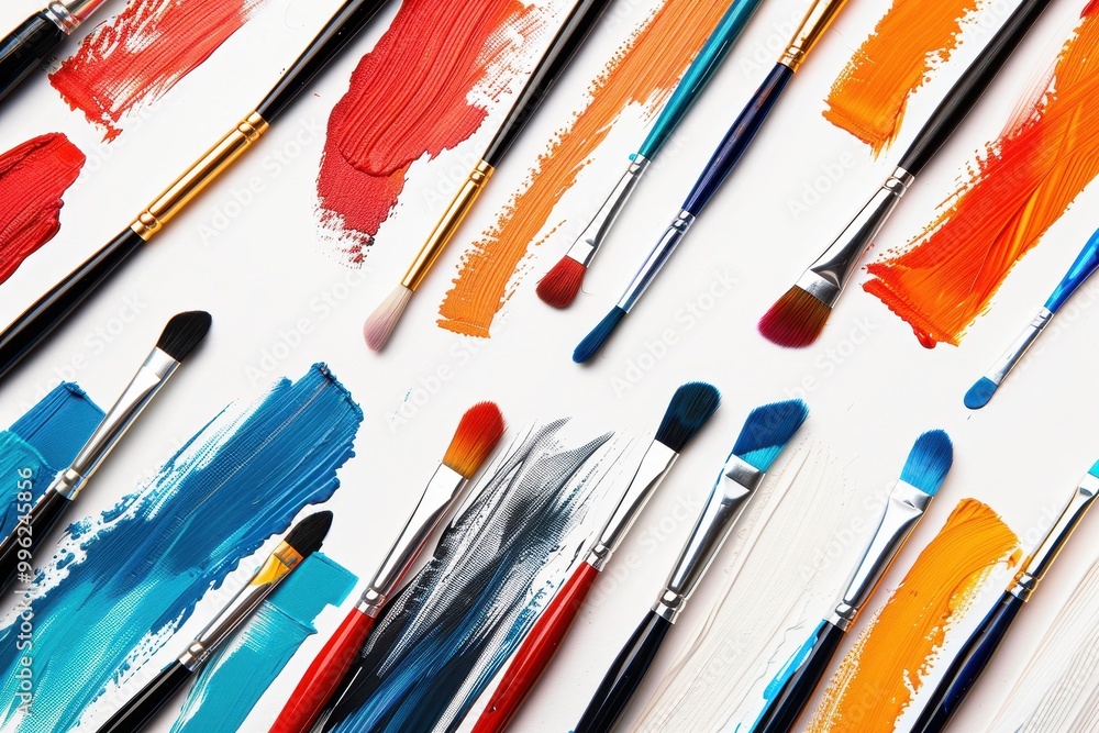 Obraz premium Variety of paint brushes on white surface