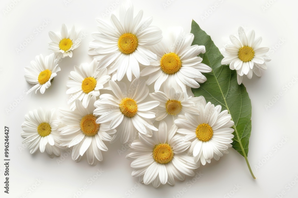Obraz premium White daisies with leaves isolated on white background flat lay view Flower pattern