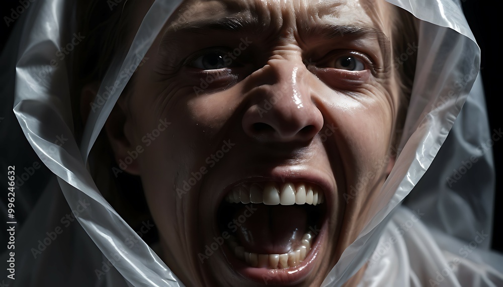 Intense Fear Expression Covered by Plastic Sheet, Ai generated Images Intense Fear Expression Covered by Plastic Sheet, Ai generated Images