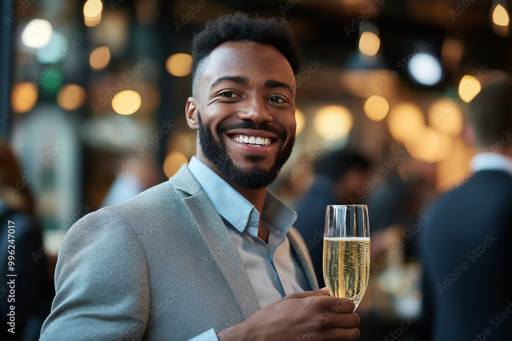 A man in a suit holding a champagne glass with a smile on his face A man in a suit holding a champagne glass with a smile on his face