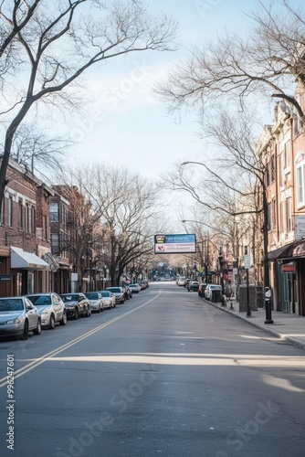 A quiet urban street scene with bare trees and parked cars under a clear sky.