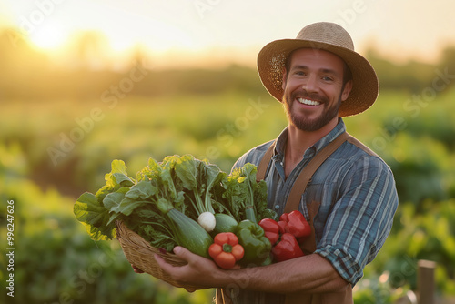 A man is holding a basket of vegetables and smiling