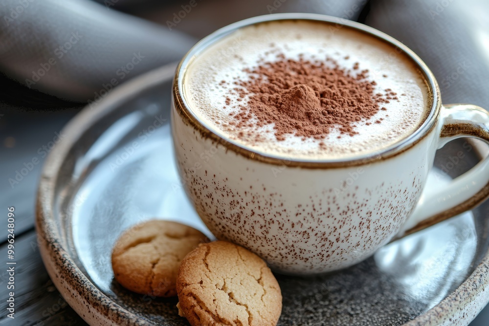 Smooth Cappuccino Topped with Cocoa Powder and Cookies Smooth Cappuccino Topped with Cocoa Powder and Cookies
