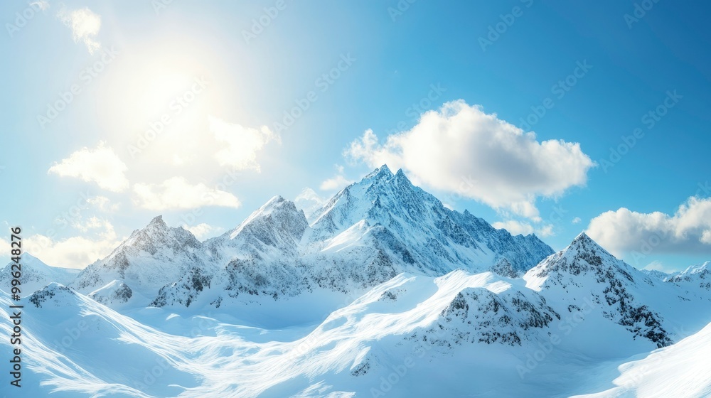 Snow-capped peaks rising majestically against a bright blue sky, reflecting sunlight. Snow-capped peaks rising majestically against a bright blue sky, reflecting sunlight.