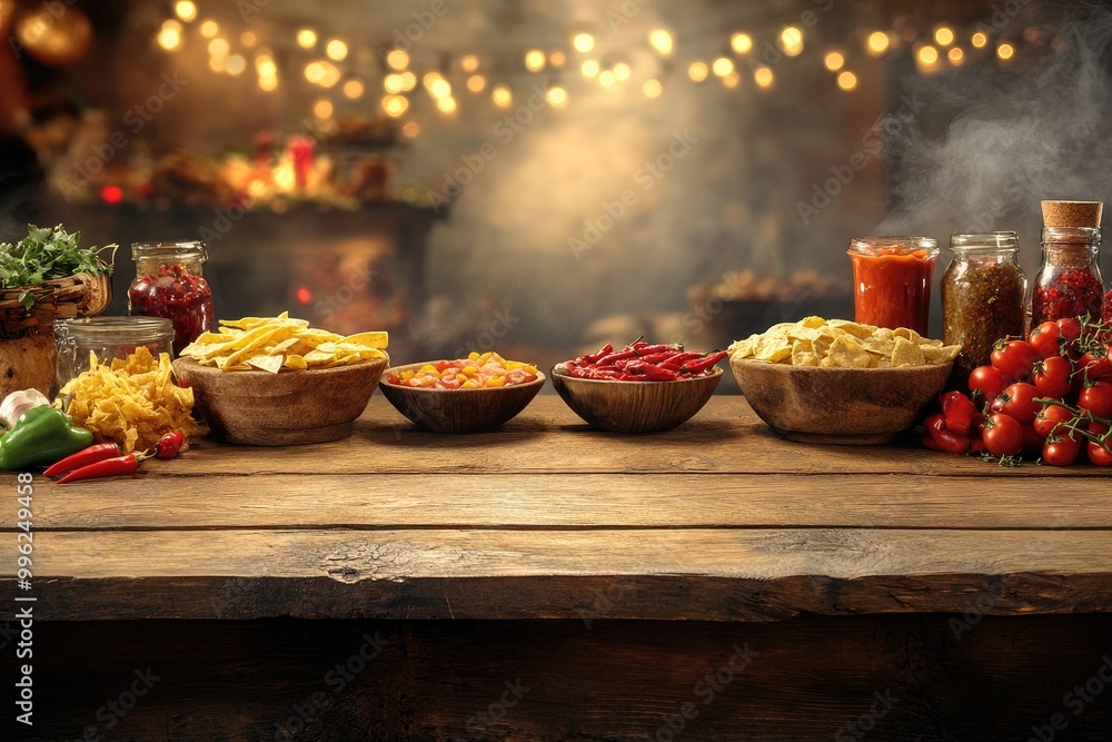 Naklejka premium A rustic wooden table with bowls of food. Perfect for a food blog or recipe website.