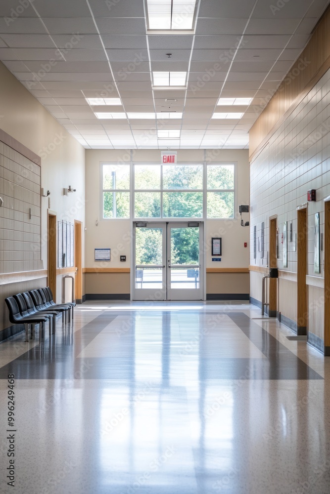 A well-lit hallway with benches and large windows leading to an entrance. A well-lit hallway with benches and large windows leading to an entrance.