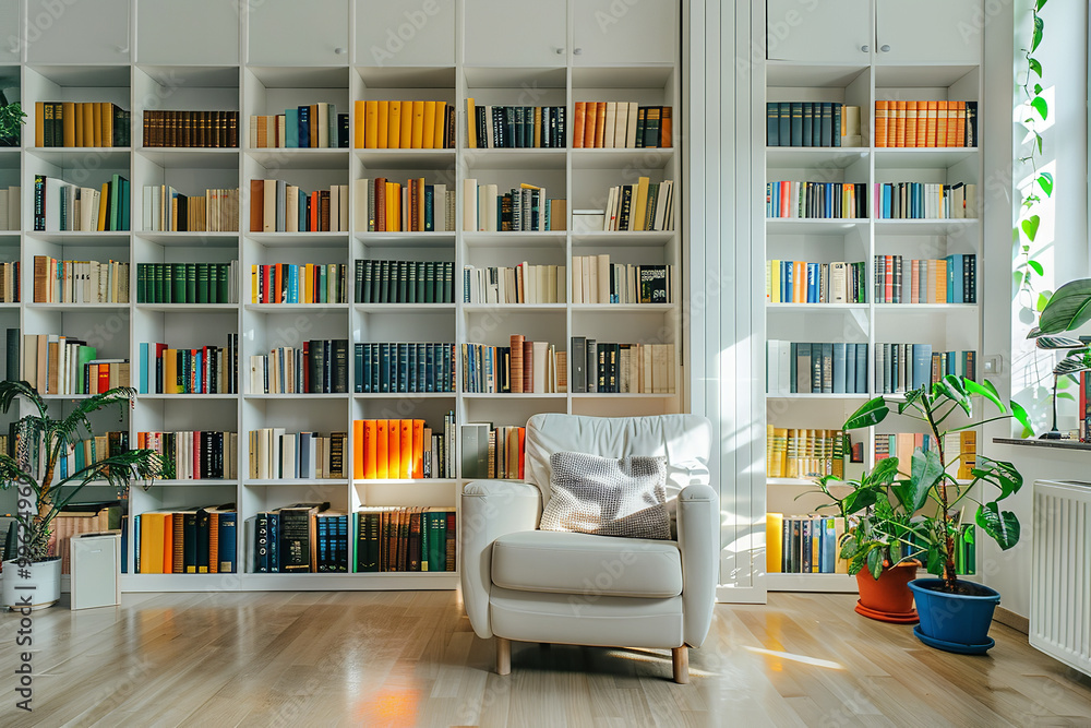 Modern Home Library with Bestselling Books on Sleek Shelves Modern Home Library with Bestselling Books on Sleek Shelves