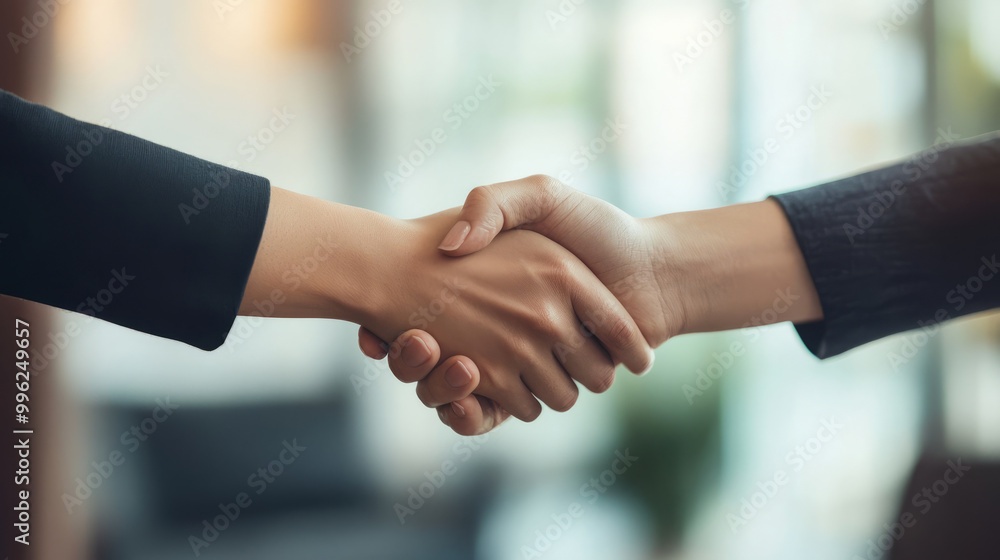 A candidate shaking hands with an HR professional after a successful job interview in a bright office A candidate shaking hands with an HR professional after a successful job interview in a bright office