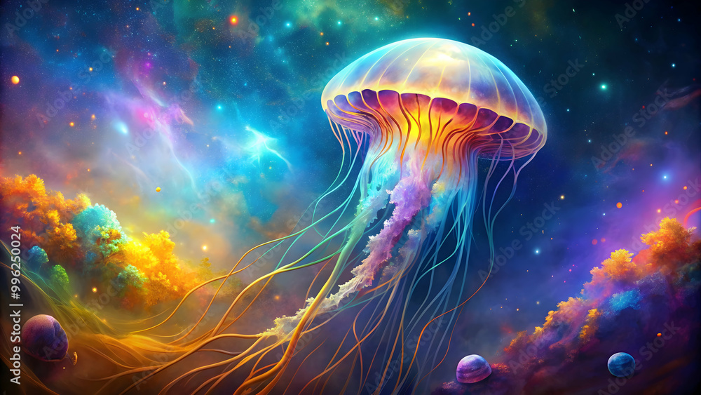 Alien jellyfish creature floating in a colorful cosmic ocean, alien, jellyfish, creature, underwater, space