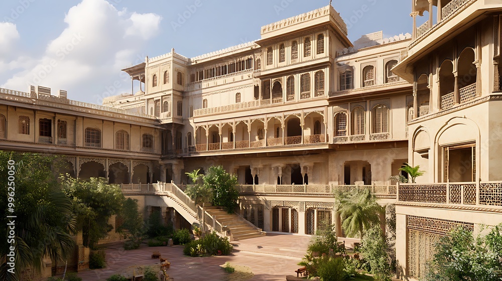 Fototapeta premium Traditional Indian Architecture with Intricate Detailing and Lush Greenery.